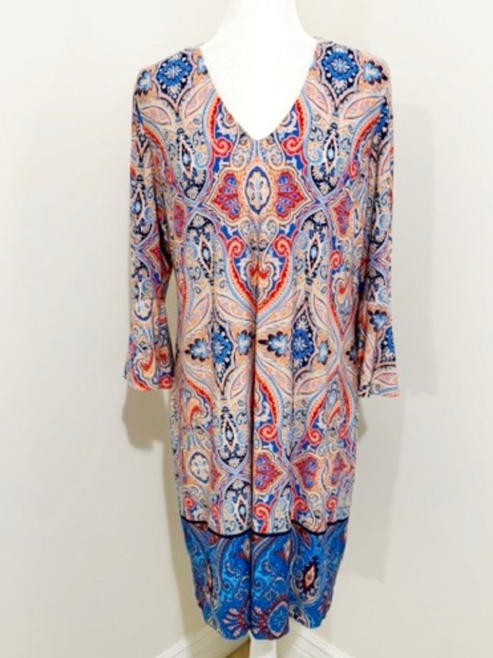 Nicole Miller Studio Paisley Bell Sleeve Dress Blue Orange Women's Size 14